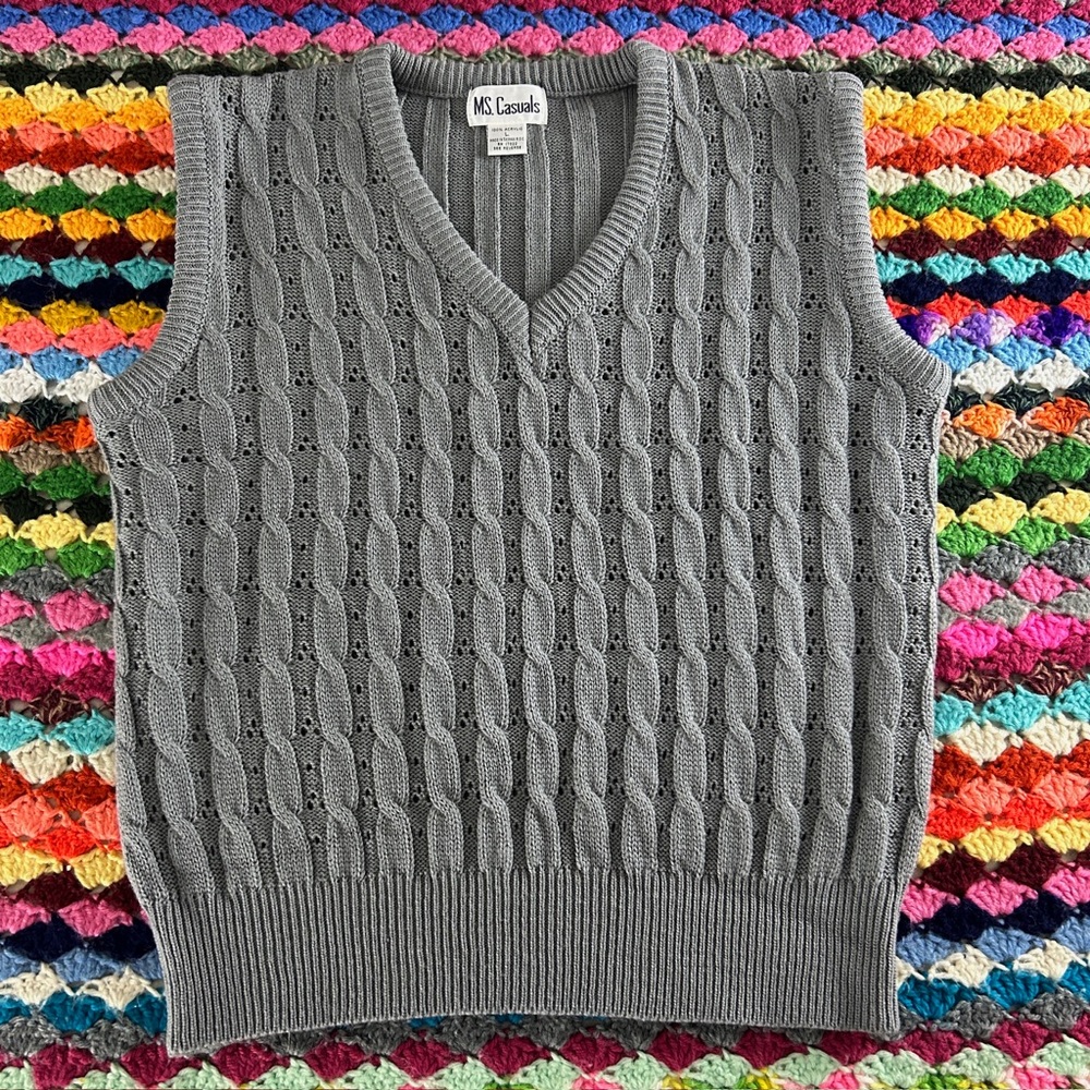 Vintage 90s Cable Knit MS Casuals Steel Grey Sleeveless Sweater Vest V-N…